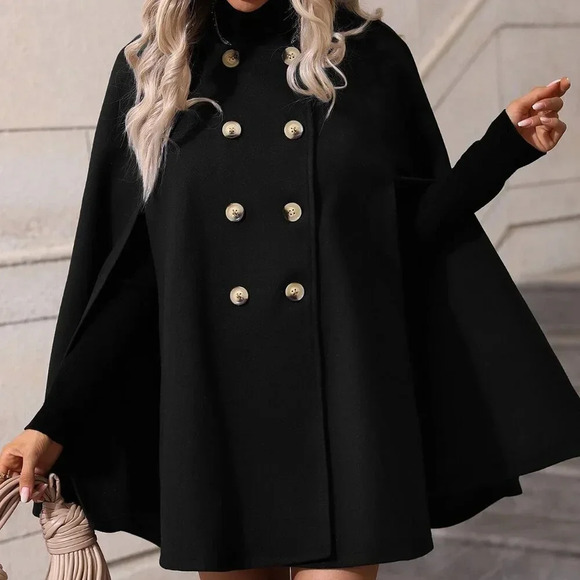 Black Elegant Women's Double Breasted Cloak Sleeve Cape Overcoat - Picture 2 of 6